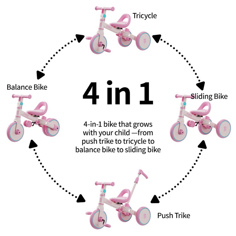 B.Duck - 4-in-1 Kids Bike: Balance, Sliding, Push & Tricycle Modes, Adjustable Seat & Handlebar, Indoor/Outdoor, Pink, 3-6 Y - Image 3